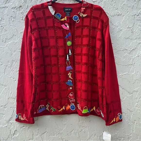 MORGAN COLE Cardigan Sweater Women Size Large Vintage Beaded Artsy Red Sequin - Picture 3 of 9